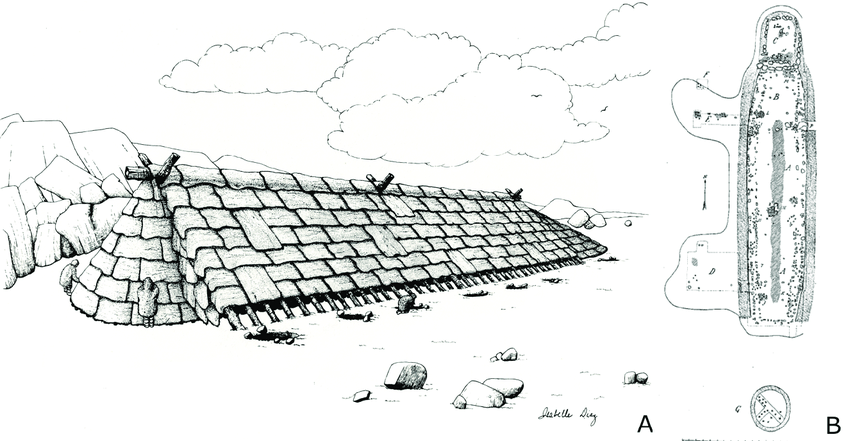 Reconstitution artistique de la maison longue imaha ii a aux cotes du plan de la maison